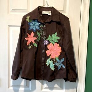 Birch hill medium floral embroidered shirt jacket brown sequined button front